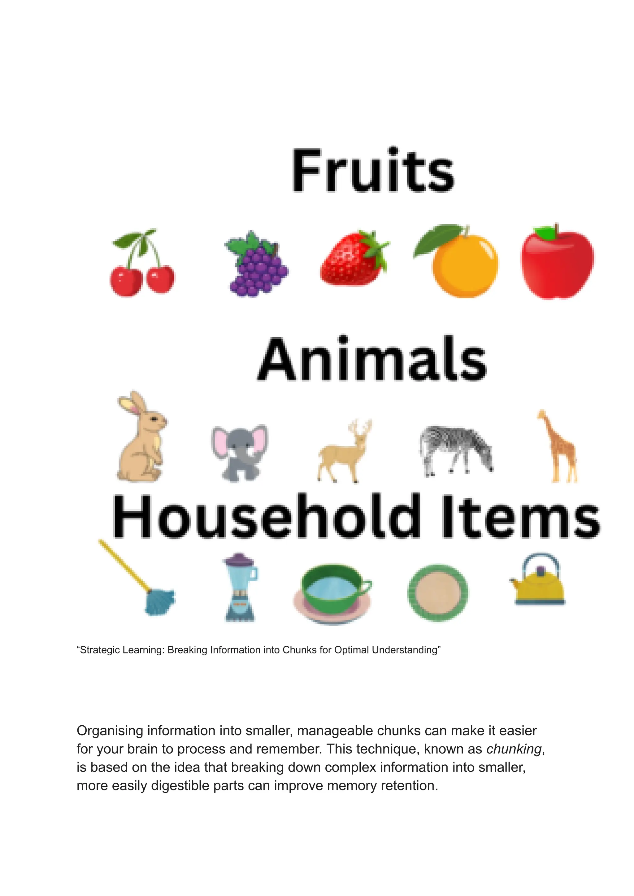 “Strategic Learning: Breaking Information into Chunks for Optimal Understanding”
Organising information into smaller, manageable chunks can make it easier
for your brain to process and remember. This technique, known as chunking,
is based on the idea that breaking down complex information into smaller,
more easily digestible parts can improve memory retention.
 