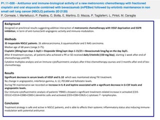 Background
Designed on preclinical results suggesting additive interaction of metronomic chemotherapy with VEGF deprivation and EGFR
inhibition, in term of anti-tumor/anti-angiogenic-activity and immune-modulation.

Methods
35 inoperable NSCLC patients. 26 adenocarcinoma, 6 squamocellular and 3 NAS carcinoma.
Median age of 68 years (range 3-75).
Cisplatin (30mg/sqm days 1-3q21 + Etoposide 50mg/sqm days 1-15/21 + Bevacizumab 5mg/kg on the day 3q21.
After 4 treatment courses, all patients who achieved a PR or SD received daily Erlotinib (150 mg/day), starting 1 week after end of
chemotherapy until PD.
Cytokine multiplex analysis and an immune-cytofluorimetric analysis after 4 bio-chemotherapy courses and 3 months after end of biochemotherapy.

Results
Significant decrease in serum levels of VEGF and IL-10 which was maintained along TKI treatment.
No change in angiopoietin, interferon gamma, IL-12, PECAM and follistatin levels.
During TKI maintenance we recorded an increase in IL-8 and leptine associated with a significant decrease in G-CSF levels and
angiopoietin levels.
Our immune-cytofluorimetric analysis of patients’ PBMCs showed a significant treatment-related increase in activated (CD3CD11C+CD14+CD80+CD83+) dendritic cells and activated (CD3+CD8+CD62L+) cytotoxic-T –lymphocytes.

Conclusion
Treatment strategy is safe and active in NSCLC patients, and is able to affects their systemic inflammatory status also inducing immunemodulation with potential antitumor.

 