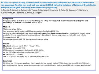 Background
Prospective phaseⅡ study to evaluate the efficacy and safety of bevacizumab in combination with carboplatin and
paclitaxel(PCB) for EGFR-TKIs resistant Non-Sq NSCLC.

Methods
Multicenter phase II trial.
Non-squamous NSCLC harboring EGFR gene mutation after failing EGFR-TKIs.
Patients received carboplatin (AUC=6/5), paclitaxel (200mg/m2), bevacizumab (15mg/kg) intravenously on day1 every 3
weeks for three to six cycles, and bevacizumab every 3 weeks until disease progression or intolerable toxic effects.
Primary endpoint: RR
Secondary endpoints: PFS, OS, disease control rate and safety.

Results
30 patients between March 2010 - February 2013.
Median age: 60 years (45~74).
EGFR mutation status exon19 del/exon21 L858R : 20/11.
1st line EGFR-TKIs gefitinib/erlotinib/other : 22/7/1.
RR : 40% (95%CI:22%-58%).
DCR : 83% (95%CI:70%-97%), PFS : 6.0 month (95%CI:4.8-12.2).

Conclusion
RR of 2nd line PCB therapy was lower than it was in 1st line phase II study of PCB in Japan, but same RR of E4599 study.
We considered PCB therapy is one of the treatment option in 2nd-line for patient with EGFR-TKIs resistant Non-Sq NSCLC.

 