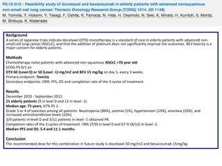 Background
A series of Japanese trials indicate docetaxel (DTX) monotherapy is a standard of care in elderly patients with advanced nonsmall cell lung cancer (NSCLC), and that the addition of platinum does not significantly improve the outcomes. BEV toxicity is a
major concern for elderly patients.

Methods
Chemotherapy-naïve patients with advanced non-squamous NSCLC >70 year old
ECOG PS 0/1 an
DTX 60 (Level 0) or 50 (Level -1) mg/m2 and BEV 15 mg/kg on day 1, every 3 weeks.
Primary endpoint: Toxicity
Secondary endpoints: ORR, PFS, OS and completion rate of the 3 cycles of treatment.

Results
December 2010 - September 2012.
21 elderly patients (9 in level 0 and 12 in level -1).
Median age: 75 years, 67% PS 1.
Grade 3 or 4 of toxicities among all patients: Neutropenia (86%), anemia (5%), hypertension (19%), anorexia (10%), and
increased aminotransferase levels (10%).
3/9 patients in level 0 and 3/11 patients in level -1 obtained PR.
Completion rates of the 3 cycles of treatment :78% (7/9) in level 0 and 67 % (8/12) in level -1.
Median PFS and OS: 5.4 and 11.1 months.

Conclusion
The recommended dose for this combination in future study is docetaxel 50 mg/m2 and bevacizumab 15mg/kg.

 