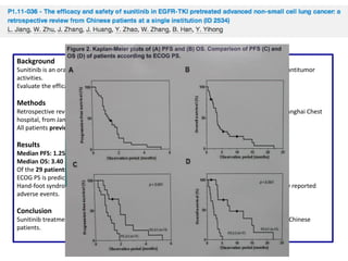 Background
Sunitinib is an oral, selective multi-targeted tyrosine kinase inhibitor (TKI) with antiangiogenic and antitumor
activities.
Evaluate the efficacy and toxicity of this therapeutic strategy.

Methods
Retrospective review of 30 stage IV NSCLC patients who received sunitinib as salvage therapy in Shanghai Chest
hospital, from January 2009 until August 2011.
All patients previously treated with EGFR-TKIs.

Results
Median PFS: 1.25 months (95% CI: 0.90-1.9 months).
Median OS: 3.40 months (95% CI: 3.00-6.80 months).
Of the 29 patients eligible for efficacy evaluation, none PR.
ECOG PS is predictive of both PFS (p=0.001) and OS (p<0.001).
Hand-foot syndrome (53.3%), mucositis (40.0%), rash (36.7%) and diarrhea (33.3%) most commonly reported
adverse events.

Conclusion
Sunitinib treatment did not demonstrate overall clinical benefits to the EGFR-TKI pretreated NSCLC Chinese
patients.

 