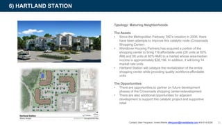 6) HARTLAND STATION
Typology: Maturing Neighborhoods
The Assets
• Since the Metropolitan Parkway TAD’s creation in 2006, there
have been attempts to improve this catalytic node (Crossroads
Shopping Center)
• Wendover Housing Partners has acquired a portion of the
shopping center to bring 116 affordable units (28 units at 50%
AMI and 88 units at 60% AMI) to a market whose areamedian
income is approximately $26,196. In addition, it will bring 14
market rate units
• Hartland Station will catalyze the revitalization of the entire
shopping center while providing quality workforceaffordable
units
The Opportunities
• There are opportunities to partner on future development
phases of the Crossroads shopping centerredevelopment
• There are also additional opportunities for adjacent
development to support this catalytic project and supportive
retail
Contact: Alan Ferguson, Invest Atlanta aferguson@investatlanta.com 404-614-8290 33
 