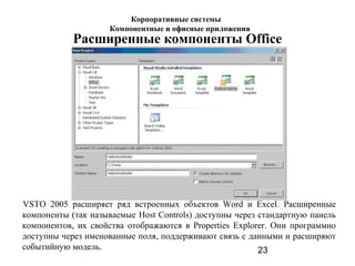 23
Расширенные компоненты Office
VSTO 2005 расширяет ряд встроенных объектов Word и Excel. Расширенные
компоненты (так называемые Host Controls) доступны через стандартную панель
компонентов, их свойства отображаются в Properties Explorer. Они программно
доступны через именованные поля, поддерживают связь с данными и расширяют
событийную модель.
Корпоративные системы
Компонентные и офисные приложения
 