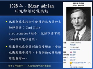 1928 年、 Edgar Adrian
研究神經的電衝動
● 他用無線電技術中使用的放大器和毛
細靜電計 ( Capillary
electrometer) 結合，記錄下非常微
小的神經電位變化。
● 結果發現感受器刺激強度增加，會造
成衝動頻率提高，參與衝動的神經纖
維數量增加。
參考：神经脉冲——英国电生理学家阿德里安
 