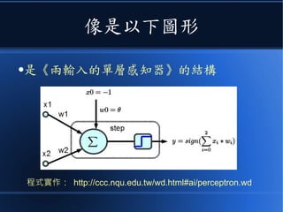 像是以下圖形
程式實作： http://ccc.nqu.edu.tw/wd.html#ai/perceptron.wd
●是《兩輸入的單層感知器》的結構
 