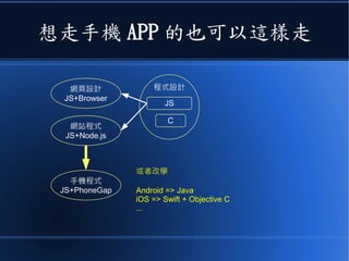 想走手機 APP 的也可以這樣走
程式設計
JS
C
網頁設計
JS+Browser
網站程式
JS+Node.js
手機程式
JS+PhoneGap
或者改學
Android => Java
iOS => Swift + Objective C
...
 