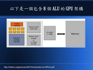 以下是一個包含 8 個 ALU 的 GPU 架構
http://haifux.org/lectures/267/Introduction-to-GPUs.pdf
 