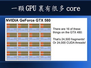 一顆 GPU 裏有很多 core
 