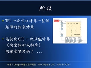 所以
● TPU 一次可以計算一整個
矩陣的相乘結果
● 這就比 GPU 一次只能計算
《向量相加或相乘》
的速度要更快了 ...
參考 : Google 硬體工程師揭密，TPU 為何會比 CPU、GPU 快 30 倍
 