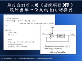 然後我們可以用《邊緣觸發 DFF 》
設計出單一位元的 bit 儲存器
https://github.com/ccckmit/nand2tetris/blob/master/03/a/Bit.hdl
 