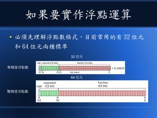 如果要實作浮點運算
● 必須先理解浮點數格式，目前常用的有 32 位元
和 64 位元兩種標準
單精度浮點數
32 位元
雙精度浮點數
64 位元
 