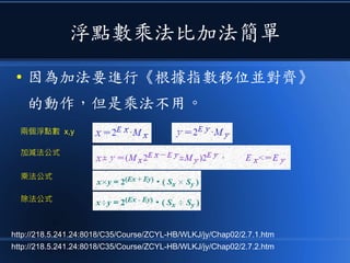 浮點數乘法比加法簡單
● 因為加法要進行《根據指數移位並對齊》
的動作，但是乘法不用。
http://218.5.241.24:8018/C35/Course/ZCYL-HB/WLKJ/jy/Chap02/2.7.1.htm
http://218.5.241.24:8018/C35/Course/ZCYL-HB/WLKJ/jy/Chap02/2.7.2.htm
兩個浮點數 x,y
加減法公式
乘法公式
除法公式
 