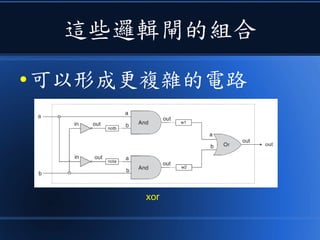 這些邏輯閘的組合
● 可以形成更複雜的電路
xor
 