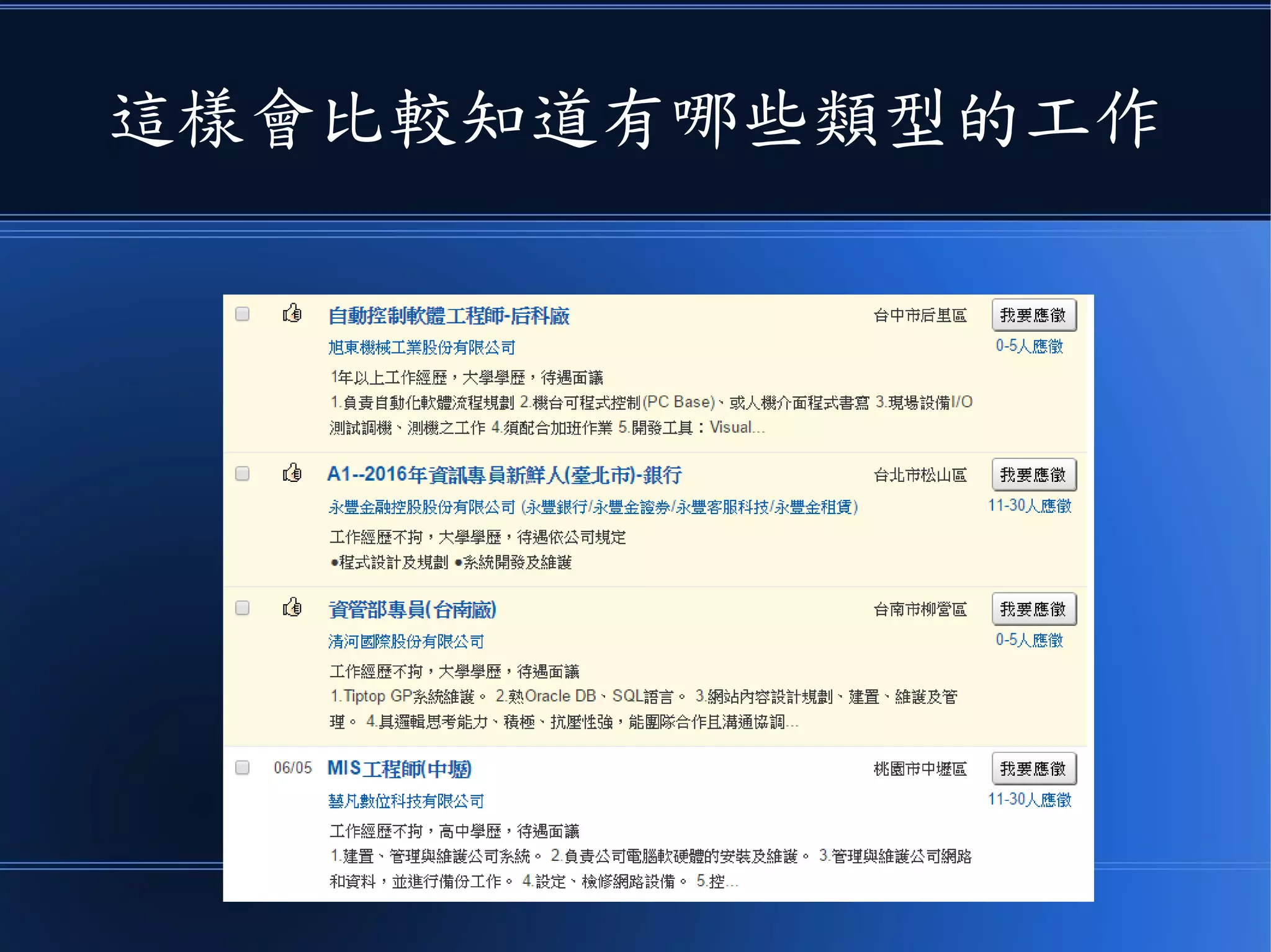 這樣會比較知道有哪些類型的工作
 