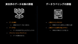 – 人間のラベリングのコスト
– 時間がかかり、純粋な人件費が必要
– 人間のラベルは誤りが起こりやすい
– 単純な作業ほどミスが起こる
実世界のデータ収集の課題 データラベリングの課題
– データの偏り
– 収集されたデータは一部のみ
– データ不足
– データの利用不可によるプロジェクトの
– プライバシーとコンプライアンス
– データ収集を妨げる
 