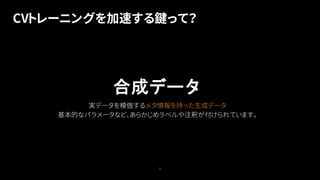 CVトレーニングを加速する鍵って？
9
合成データ
実データを模倣するメタ情報を持った生成データ
基本的なパラメータなど、あらかじめラベルや注釈が付けられています。
 