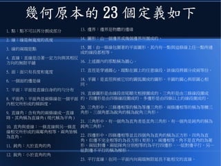幾何原本的 23 個定義如下
1. 點：點不可以再分割成部分
2. 線：線是無寬度的長度
3. 線的兩端是點
4. 直線：直線是沿著一定方向與其相反
方向的無限平舖
5. 面：面只有長度和寬度
6. 一個面的邊是線
7. 平面：平面是直線自身的均勻分布
8. 平面角：平面角是兩條線在一個平面
內相交所形成的傾斜度。
9. 直線角：含有角的兩條線成一直線
時，其角稱為直線角 ( 現代稱為平角 )
10. 直角與垂線：一條直線與另一條直
線相交所形成的兩鄰角相等，兩角皆稱
為直角。
11. 鈍角：大於直角的角
12. 銳角：小於直角的角
13. 邊界：邊界是物體的邊緣
14. 圖形：由一個邊界或幾個邊界所圍成的。
15. 圓：由一條線包圍著的平面圖形，其內有一點與這條線上任一點所連
成的線段都相等。
16. 上述圓內的那點稱為圓心。
17. 直徑是穿過圓心，端點在圓上的任意線段，該線段將圓分成兩等份。
18. 半圓：是直徑與被它切的圓弧圍成的圖形。半圓的圓心與原圓心相
同。
19. 直線圖形是由線段首尾順次相接圍成的。三角形是由三條線段圍成
的。四邊形是由四條線段圍成的。多邊形是由四條以上的線段圍成的。
20. 三角形中，三條邊相等的稱為等邊三角形。兩條邊相等的稱為等腰三
角形。三個角都為銳角的稱為銳角三角形。
21. 三角形中，有一個角為直角者是直角三角形，有一個角是鈍角的稱為
鈍角三角形。
22. 四邊形中，四條邊相等並且四個角為直角的稱為正方形，四角為直
角，但邊不完全相等的為長方形 ( 矩形 ) 。兩邊相等，角不是直角的為菱
形。兩組對邊，兩組隊角分別相等的為平行四邊形。一組對邊平行，另一
組對邊不平行的稱為梯形。
23. 平行直線：在同一平面內向兩端無限延長不能相交的直線。
 
