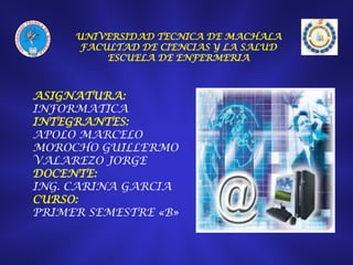 UNIVERSIDAD TECNICA DE MACHALA
FACULTAD DE CIENCIAS Y LA SALUD
ESCUELA DE ENFERMERIA

ASIGNATURA:
INFORMATICA
INTEGRANTES:
APOLO MARCELO
MOROCHO GUILLERMO
VALAREZO JORGE
DOCENTE:
ING. CARINA GARCIA
CURSO:
PRIMER SEMESTRE «B»

 