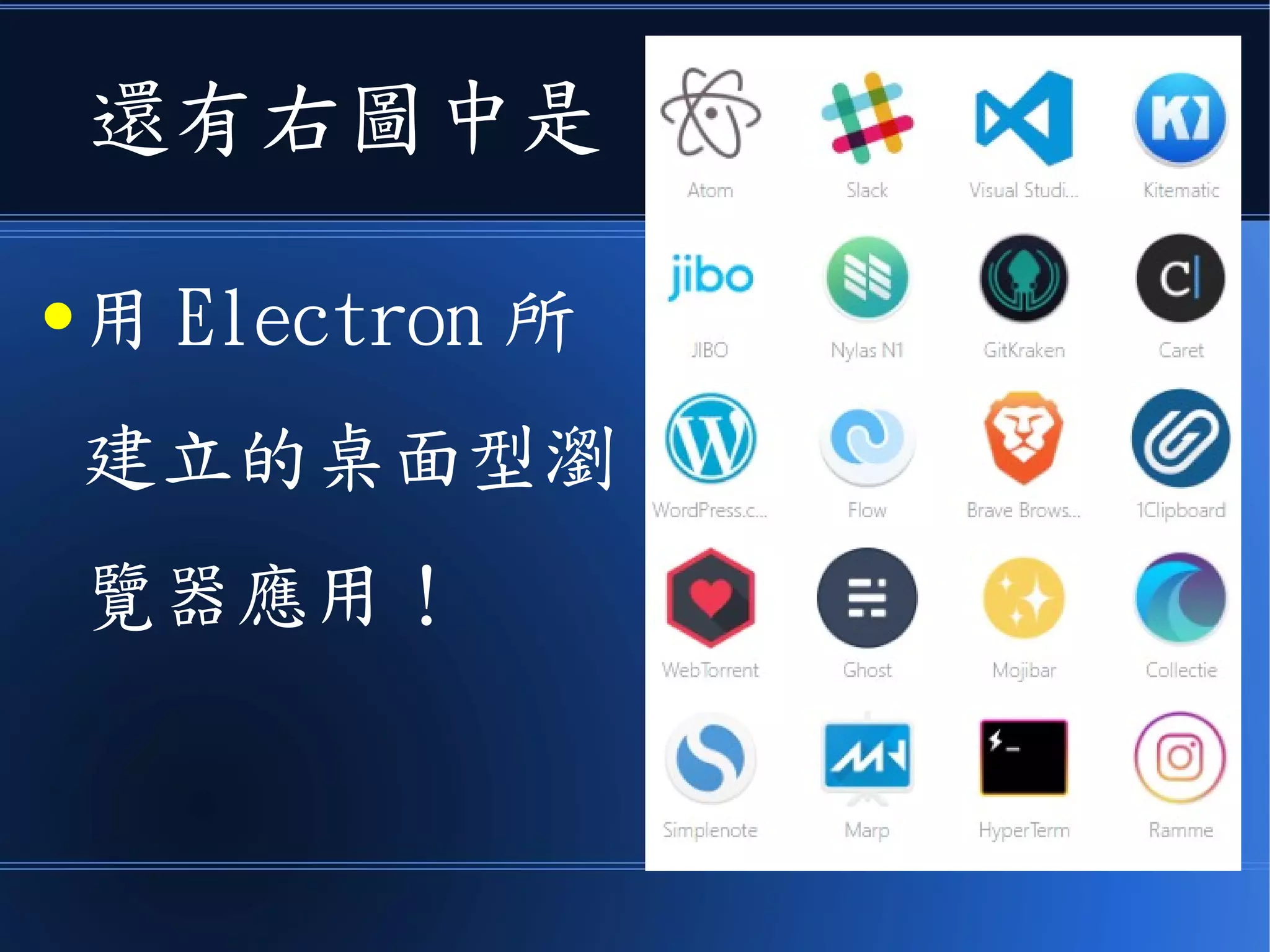 還有右圖中是
● 用 Electron 所
建立的桌面型瀏
覽器應用！
 