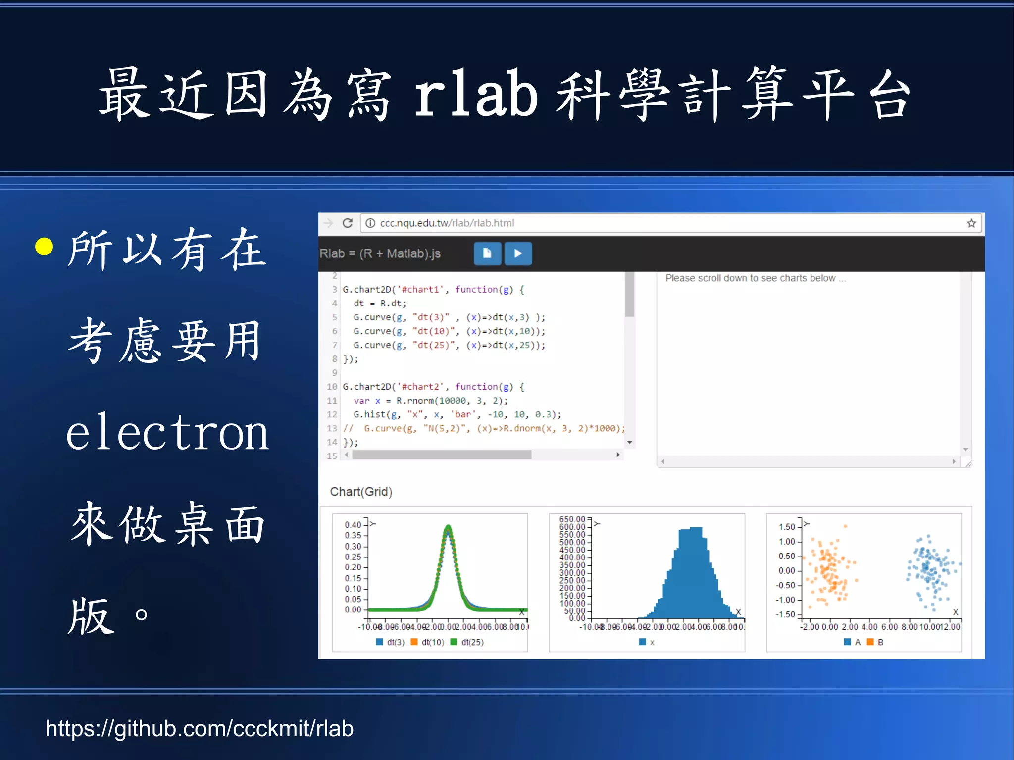 最近因為寫 rlab 科學計算平台
● 所以有在
考慮要用
electron
來做桌面
版。
https://github.com/ccckmit/rlab
 
