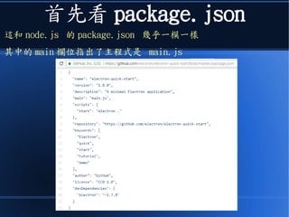 首先看 package.json
這和 node.js 的 package.json 幾乎一模一樣
其中的 main 欄位指出了主程式是 main.js
 