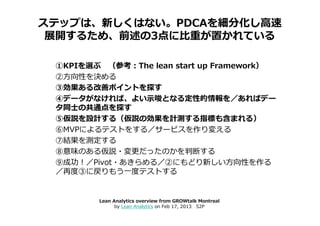 ステップは、新しくはない。PDCAを細分化し高速
 展開するため、前述の3点に比重が置かれている

 ①KPIを選ぶ （参考：The lean start up Framework）
 ②方向性を決める
 ③効果ある改善ポイントを探す
 ④データがなければ、よい示唆となる定性的情報を／あればデー
 タ同士の共通点を探す
 ⑤仮説を設計する（仮説の効果を計測する指標も含まれる）
 ⑥MVPによるテストをする／サービスを作り変える
 ⑦結果を測定する
 ⑧意味のある仮説・変更だったのかを判断する
 ⑨成功！／Pivot・あきらめる／②にもどり新しい方向性を作る
 ／再度③に戻りもう⼀度テストする


        Lean Analytics overview from GROWtalk Montreal
              by Lean Analytics on Feb 17, 2013 52P
 