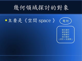 幾何領域探討的對象
● 主要是《空間 space 》 幾何
歐氏幾何
解析幾何
非歐幾何
微分幾何
( 流形 + 拓樸學 )
 