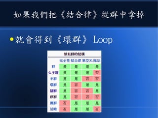 如果我們把《結合律》從群中拿掉
● 就會得到《環群》 Loop
 