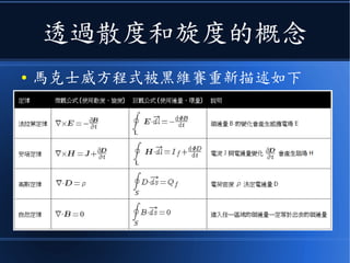 透過散度和旋度的概念
● 馬克士威方程式被黑維賽重新描述如下
 