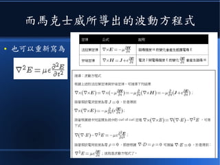 而馬克士威所導出的波動方程式
● 也可以重新寫為
 