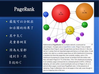 PageRank
● 最後可以分配出
如右圖的結果了
● 其中 B,C
是重要網頁
● 因為大家都
連到 B ，然
B 投給 C
 