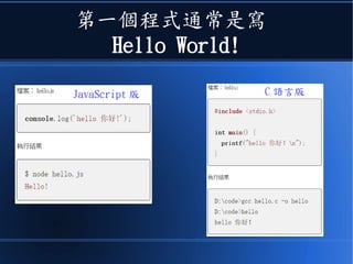 第一個程式通常是寫
Hello World!
JavaScript 版 C 語言版
 
