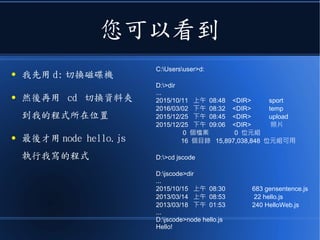 您可以看到
● 我先用 d: 切換磁碟機
● 然後再用 cd 切換資料夾
到我的程式所在位置
● 最後才用 node hello.js
執行我寫的程式
C:Usersuser>d:
D:>dir
...
2015/10/11 上午 08:48 <DIR> sport
2016/03/02 下午 08:32 <DIR> temp
2015/12/25 下午 08:45 <DIR> upload
2015/12/25 下午 09:06 <DIR> 照片
0 個檔案 0 位元組
16 個目錄 15,897,038,848 位元組可用
D:>cd jscode
D:jscode>dir
...
2015/10/15 上午 08:30 683 gensentence.js
2013/03/14 上午 08:53 22 hello.js
2013/03/18 下午 01:53 240 HelloWeb.js
...
D:jscode>node hello.js
Hello!
 