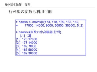 Rの基本操作：行列

 行列型の変数も利用可能

   > hawks <- matrix(c(173, 178, 189, 183, 182,
   +    17000, 14000, 9000, 50000, 30000), 5, 2)

   > hawks #変数の中身確認(行列)
       [,1] [,2]
   [1,] 173 17000
   [2,] 178 14000
   [3,] 189 9000
   [4,] 183 50000
   [5,] 182 30000
 
