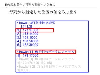 Rの基本操作：行列の要素へアクセス

 行列から指定した位置の値を取り出す

   > hawks #行列全体を表示
       [,1] [,2]
   [1,] 173 17000
   [2,] 178 14000
   [3,] 189 9000
   [4,] 183 50000
   [5,] 182 30000

   > hawks[1,] #1行目のデータにアクセス
   [1] 173 17000
   > hawks[,1] #1列目のデータにアクセス
   [1] 173 178 189 183 182
   > hawks[3,2] #3行2列目のデータにアクセス
   [1] 9000
 