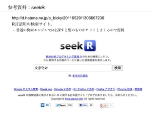 参考資料：seekR

 http://d.hatena.ne.jp/a_bicky/20110529/1306667230
 R言語用の検索サイト。
 –   普通の検索エンジンでRを探すと別のものがヒットしまくるので便利
 
