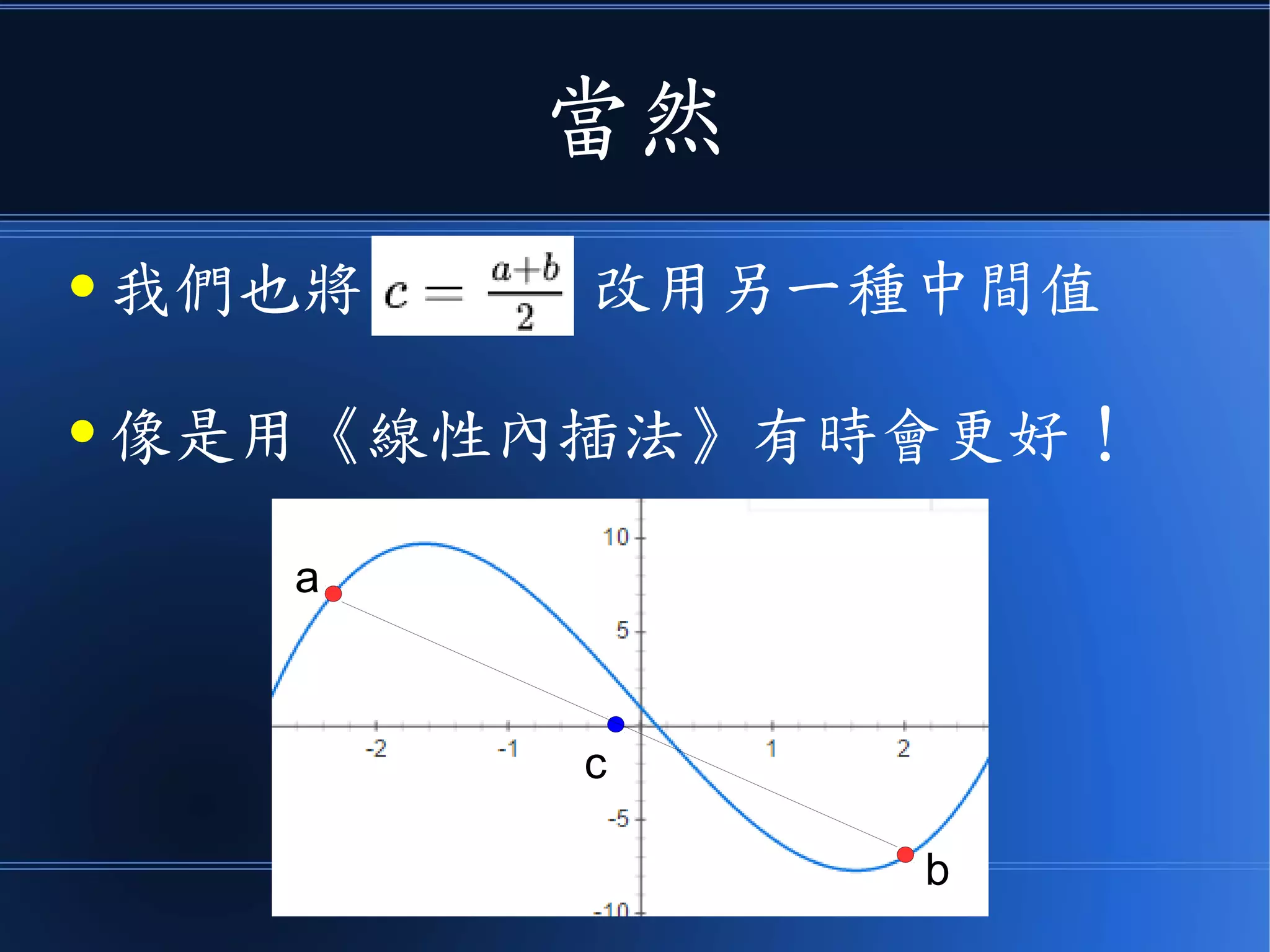 當然
● 我們也將 改用另一種中間值
● 像是用《線性內插法》有時會更好！
a
b
c
 