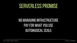 Marcia VillalbaServerless Days Milan
Serverless promise
No managing infrastructure
Pay for what you use
Automagical scale
 