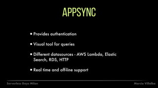 Marcia VillalbaServerless Days Milan
appSync
•Provides authentication
•Visual tool for queries
•Different datasources - AWS Lambda, Elastic
Search, RDS, HTTP
•Real time and off-line support
 