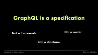 Marcia VillalbaServerless Days Milan
GraphQL is a speciﬁcation
Not a framework
Not a database
Not a server
 