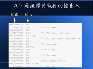 以下是組譯器執行的輸出入
輸入輸出
 