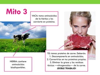 Mito 3 VACA: toma aminoácidos
de la hierba y los
convierte en proteína.
HIERBA: contiene
aminoácidos
biodisponibles.
TÚ: t...