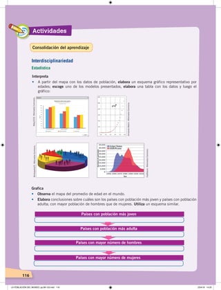 Actividades
116
Interpreta
• A partir del mapa con los datos de población, elabora un esquema gráfico representativo por
edades; escoge uno de los modelos presentados, elabora una tabla con los datos y luego el
gráfico:
Woky3333.WikimediaCommons.
Armando-Martin.WikimediaCommons.
Mcklopedia22.WikimediaCommons.
Fastﬁssion.WikimediaCommons.
Grafica
• Observa el mapa del promedio de edad en el mundo.
• Elabora conclusiones sobre cuáles son los países con población más joven y países con población
adulta; con mayor población de hombres que de mujeres. Utiliza un esquema similar.
Países con población más joven
Países con población más adulta
Países con mayor número de hombres
Países con mayor número de mujeres
Interdisciplinariedad
Estadística
Consolidación del aprendizaje
LA POBLACIÓN DEL MUNDO; pp.98-125.indd 116 23/4/19 14:20
 