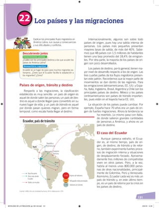 131
Internacionalmente, algunos son sobre todo
países de origen, pues hay una salida intensa de
personas. Los países más pequeños presentan
mayores tasas de salida, de más del 40%. Sabe-
mos que 48 países con 1,5 millones de habitantes
tienen una tasa promedio del 18,4% de emigran-
tes. Por otra parte, la mayoría de los países de ori-
gen son poco desarrollados.
Los países de destino, por lo general, tienen ma-
yor nivel de desarrollo respecto a los de origen. Las
tres cuartas partes de los flujos migratorios presen-
tan este patrón. Recordemos que la mayor parte de
movimientos se dan dentro de las regiones. Para
las emigraciones latinoamericanas, EE. UU. y Espa-
ña, Italia, Inglaterra, Brasil, Argentina y Chile son los
principales países de destino. México y los países
centroamericanos son países de tránsito importan-
tes, pues están en el trayecto hacia EE. UU.
La situación de los países puede cambiar. Por
ejemplo, España hace 70 años era un país de ori-
gen de fuertes migraciones. Ahora la tendencia se
ha revertido. Lo mismo pasa con Italia,
de donde salieron grandes cantidades
de personas a América, y ahora es un
país de destino.
El caso del Ecuador
Aunque parezca extraño, el Ecua-
dor es, al mismo tiempo, país de ori-
gen, de destino, de tránsito y de retor-
no; también experimenta fuertes proce-
sos de migración interna y situaciones
de desplazamiento forzado. Aproxima-
damente tres millones de compatriotas
viven en otros países. Pero, a la vez,
habría al menos unas 800.000 perso-
nas de otras nacionalidades, principal-
mente de Colombia, Perú y Venezuela.
Asimismo, Ecuador cada vez es más un
país de tránsito y, en este último tiem-
po, es un país de retorno por la crisis en
los países de destino.
Países de origen, tránsito y destino
Respecto a las migraciones, la clasificación
establecida es muy sencilla: un país de origen es
aquel de donde salen las personas; un país de des-
tino es aquel a donde llegan para convertirlo en su
nuevo lugar de vida; y un país de tránsito es aquel
por donde pasan quienes migran, pero en forma
temporal, como escala hasta llegar al destino.
22 Los países y las migraciones
Explicar los principales ﬂujos migratorios en
América Latina, sus causas y consecuencias
y sus diﬁcultades y conﬂictos.
Ingreso de haitianos
Refugiados indocumentados
Haitianos en tránsito
Ruta frecuente
Otras rutas desde
Ecuador
Vuelos con escalas
Haití
República
Dominicana
Guayana
francesa
Brasil
Perú
Chile
Venezuela
Ecuador, país de tránsito
7.863
13.605
5.742
Fuente: SJRM, Info. de movilidad humana, 2014. Elaboración: CEN
¿Cuáles son los principales destinos a los que acuden los
países de América Latina?
Ecuador es un lugar de paso para muchos migrantes ex-
tranjeros. ¿Crees que el Ecuador facilita la adaptación a
los migrantes? ¿Cómo?
Descubriendo juntos
Conocimientos previos
Desequilibrio cognitivo
MOVILIDAD DE LA POBLACIÓN; pp.126-143.indd 131 23/4/19 14:30
 