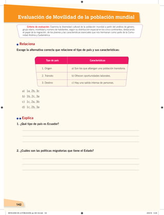 142142
Evaluación de Movilidad de la población mundial
n Relaciona
Escoge la alternativa correcta que relacione el tipo de país y sus características:
n	n	Explica
1. ¿Qué tipo de país es Ecuador?
2. ¿Cuáles son las políticas migratorias que tiene el Estado?
a) 1a, 2b, 3c
b) 1b, 2c, 3a
c) 1c, 2a, 3b
d) 1c, 2b, 3a
Criterio de evaluación: Examina la diversidad cultural de la población mundial a partir del análisis de género,
grupo etario, movilidad y número de habitantes, según su distribución espacial en los cinco continentes, destacando
el papel de la migración, de los jóvenes y las características esenciales que nos hermanan como parte de la Comu-
nidad Andina y Sudamérica.
Tipo de país
1. Origen a) Son los que albergan una población transitoria.
2. Tránsito b) Ofrecen oportunidades laborales.
3. Destino c) Hay una salida intensa de personas.
Características
MOVILIDAD DE LA POBLACIÓN; pp.126-143.indd 142 23/4/19 14:30
 