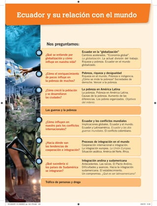 ¿Qué se entiende por
globalización y cómo
influye en nuestra vida?
24 Ecuador en la “globalización”
Cambios acelerados. “Economía global”.
La globalización. La actual división del trabajo.
Riqueza y pobreza. Ecuador en el mundo
globalizado.
¿Cómo el enriquecimiento
de pocos influye en
la pobreza de muchos?
25 Pobreza, riqueza y desigualdad
Riqueza en el mundo. Pobreza e indigencia.
¿Cómo se mide la pobreza? Sociedades de
derroche. Vencer a la pobreza.
Nos preguntamos:
¿Cómo creció la población
y se desarrollaron
las ciudades?
26 La pobreza en América Latina
La pobreza. Pobreza en América Latina.
Causas de la pobreza. Aumento de las
diferencias. Los pobres organizados. Objetivos
del milenio.
¿Cómo influyen en
nuestro país los conflictos
internacionales?
¿Hacia dónde van
las tendencias de
cooperación e integración?
¿Qué sucedería si
los países de Sudamérica
se integraran?
27
28
29
Ecuador y los conflictos mundiales
Implicaciones globales. Ecuador y el mundo.
Ecuador y Latinoamérica. Ecuador y las dos
guerras mundiales. El conflicto colombiano.
Procesos de integración en el mundo
Cooperación internacional e integración.
La integración europea. La Unión Europea.
Situación asiática. América del Norte. África.
Integración andina y sudamericana
Antecedentes. Las raíces. El Pacto Andino.
Dificultades y avances. Hacia la integración
sudamericana. El establecimiento.
Un compromiso. ¿Qué es ser latinoamericano?
Tráfico de personas y droga
Las guerras y la pobreza
Ecuador y su relación con el mundo
ECUADOR Y EL MUNDO; pp. 144-179.indd 143 23/4/19 14:40
 