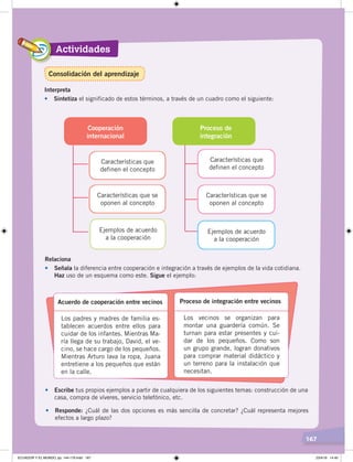 Actividades
167
Interpreta
• Sintetiza el significado de estos términos, a través de un cuadro como el siguiente:
Cooperación
internacional
Proceso de
integración
Características que
definen el concepto
Características que
definen el concepto
Ejemplos de acuerdo
a la cooperación
Ejemplos de acuerdo
a la cooperación
Características que se
oponen al concepto
Características que se
oponen al concepto
Relaciona
• Señala la diferencia entre cooperación e integración a través de ejemplos de la vida cotidiana.
Haz uso de un esquema como este. Sigue el ejemplo:
Los padres y madres de familia es-
tablecen acuerdos entre ellos para
cuidar de los infantes. Mientras Ma-
ría llega de su trabajo, David, el ve-
cino, se hace cargo de los pequeños.
Mientras Arturo lava la ropa, Juana
entretiene a los pequeños que están
en la calle.
Acuerdo de cooperación entre vecinos
Los vecinos se organizan para
montar una guardería común. Se
turnan para estar presentes y cui-
dar de los pequeños. Como son
un grupo grande, logran donativos
para comprar material didáctico y
un terreno para la instalación que
necesitan.
Proceso de integración entre vecinos
• Escribe tus propios ejemplos a partir de cualquiera de los siguientes temas: construcción de una
casa, compra de víveres, servicio telefónico, etc.
• Responde: ¿Cuál de las dos opciones es más sencilla de concretar? ¿Cuál representa mejores
efectos a largo plazo?
Consolidación del aprendizaje
ECUADOR Y EL MUNDO; pp. 144-179.indd 167 23/4/19 14:40
 