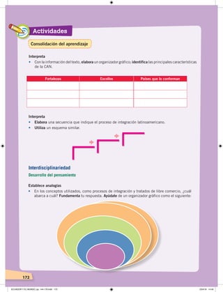 Actividades
172
Interpreta
• Con la información del texto, elabora un organizador gráfico; identifica las principales características
de la CAN.
Fortalezas Escollos Países que lo conforman
Interpreta
• Elabora una secuencia que indique el proceso de integración latinoamericano.
• Utiliza un esquema similar.
Establece analogías
• En los conceptos utilizados, como procesos de integración y tratados de libre comercio, ¿cuál
abarca a cuál? Fundamenta tu respuesta. Ayúdate de un organizador gráfico como el siguiente:
Interdisciplinariedad
Desarrollo del pensamiento
Consolidación del aprendizaje
ECUADOR Y EL MUNDO; pp. 144-179.indd 172 23/4/19 14:40
 