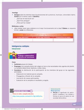189
Investiga
• Averigua sobre los distintos tipos de asociaciones de tu provincia, municipio, comunidad o barrio.
Enlista por lo menos cuatro e identifica:
- ¿Qué tipo de asociación es?
- ¿Qué fines persigue?
- ¿Para qué fue creada?
Reflexiona y actúa
• ¿Qué puedes hacer para colaborar en el mejor funcionamiento de la clase? Elabora un esquema
similar y anota tus reflexiones:
Lo que debo hacer Lo que hago realmente Compromisos de mejora
Cómo puedo colaborar para el mejor funcionamiento de la clase
Creen
• Conformen grupos de trabajo.
• Propongan una campaña dentro del colegio en torno a las necesidades más urgentes del plantel.
La campaña deberá tener objetivos y metas claras.
• Consideren la distribución de la participación de los miembros del grupo en las siguientes
actividades:
- Elaboración de material para la campaña.
- Propaganda y difusión de la campaña.
- Inscripción de nuevos participantes.
- Evaluación de la campaña en resultados y acogida.
Aprende algo más
‹https://www.youtube.com/watch?v=7qQ_kSW3uYw›.
Piensa en verde, campaña educativa
@
Trabajo colaborativo
Aplicación del conocimiento
Inteligencias múltiples
Interpersonal
Autoevaluación
Metacognición
• Discuto el signiﬁcado de partici-
pación ciudadana y los canales y
formas en que se la ejerce en una
sociedad democrática.
DEMOCRACIA Y PARTICIPACIÓN; pp.180-201.indd 189 23/4/19 14:53
 