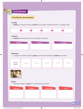 Actividades
205
Investiga
• Elabora un esquema similar y escribe las principales características de un verdadero líder:
Completa
• Describe los elementos que tiene el Estado ecuatoriano.
AutoridadPersonas Territorio
Representa
• A partir de los datos del texto, grafica las funciones del Estado. Considera el ejemplo:
****************************
Función
Judicial
*******
Explica
• Mediante ejemplos, explica las características del Estado:
InterculturalSoberano Unitario Laico
Consolidación del aprendizaje
ESTRUCTURA DEL ESTADO; pp.202-224.indd 205 23/4/19 15:02
 